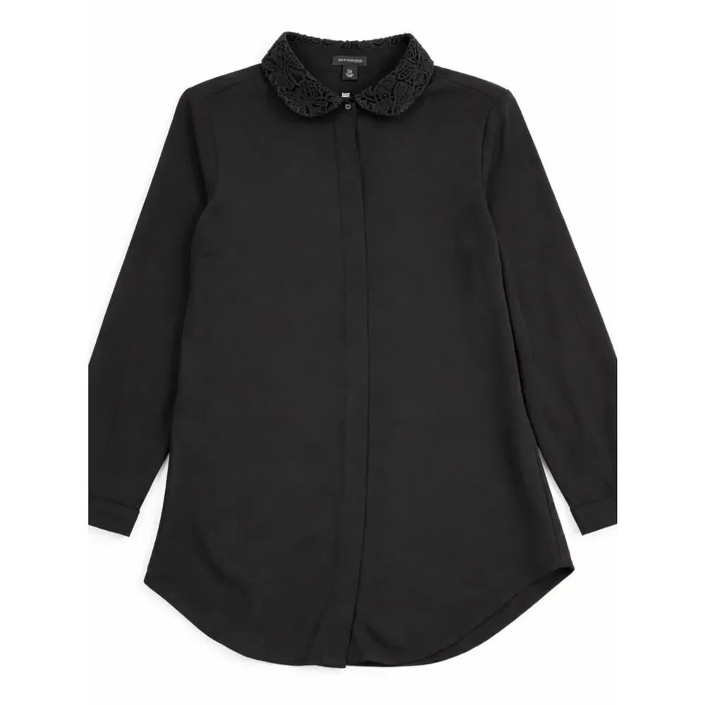 Ann Taylor Button Down Shirt Black 3/4 Sleeve Crochet Collar Chic Elegant Top XS
